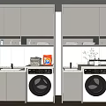 Modern White Bathroom Cabinet Rack With Washing Machines Storage Built in Lighting And Potted Plant