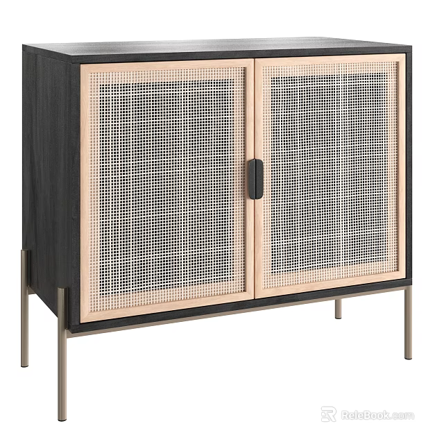 Dark Colored Wooden Decorative Cabinet With Rattan Mesh Double Doors And Metal Legs 3d model 