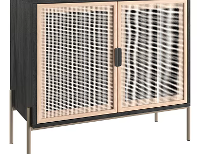 Dark Colored Wooden Decorative Cabinet With Rattan Mesh Double Doors And Metal Legs 3d model