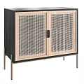 Dark Colored Wooden Decorative Cabinet With Rattan Mesh Double Doors And Metal Legs