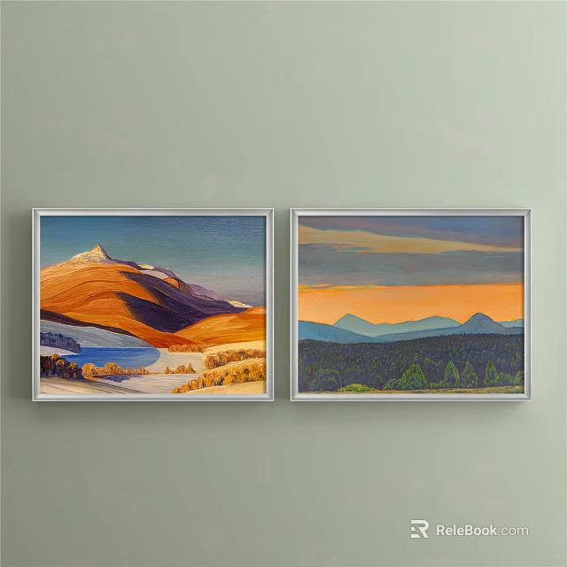 Landscape Paintings With Orange Mountains Blue Lake Yellow Vegetation Orange Sky Green Forest On Wall 3d model 