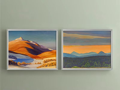 Landscape Paintings With Orange Mountains Blue Lake Yellow Vegetation Orange Sky Green Forest On Wall 3d model