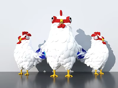 Three Cartoon Style Chicken Dolls With White Bodies Red Combs Blue Wings And Yellow Feet 3d model