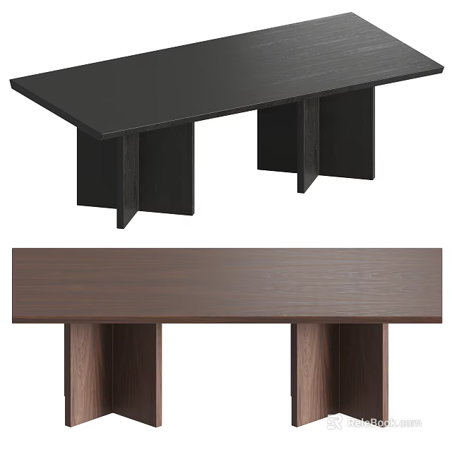 Modern Wooden Dining Table Rectangular Top Black And Brown Finish With Block Legs 3d model 