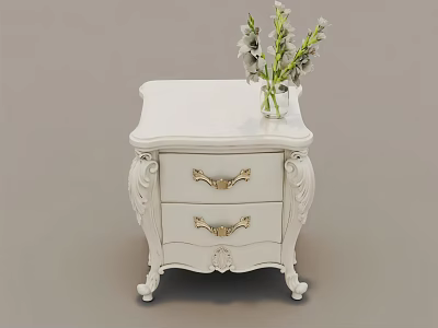 White Carved Nightstand With Two Drawers Gold Handles And Vase With White Flowers 3d model