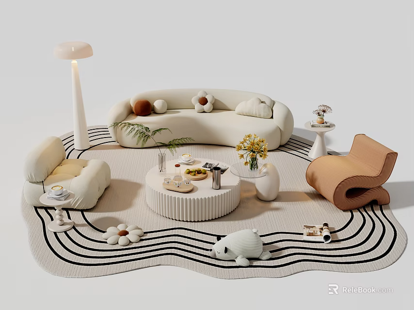 Cream Curved Sofa And Round Coffee Table Set With Wave Patterned Rug And Floor Lamp 3d model 