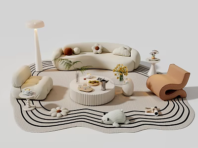 Cream Curved Sofa And Round Coffee Table Set With Wave Patterned Rug And Floor Lamp 3d model