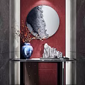 Elegant Console Table With Circular Mirror Red Backdrop Blue Vase And Rockery Ornament 3d model