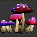 Colorful Mushrooms with Purple Pink Hues White Spots Various Sizes and Reflections on Dark Background