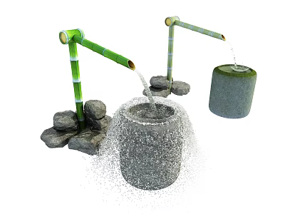 Natural Bamboo Water Spout Garden Ornament With Stone Basin And Decorative Rocks 3d model