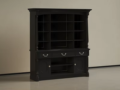 Elegant Black Traditional Style Bookcase With Open Shelves Drawers And Decorative Edges 3d model