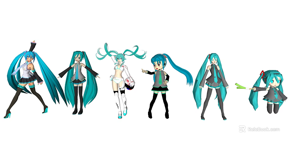Anime Game Character With Blue Hair Twin Tails Various Outfits Multiple Poses 3d model 