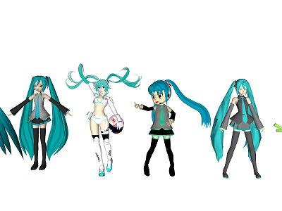 Anime Game Character With Blue Hair Twin Tails Various Outfits Multiple Poses 3d model