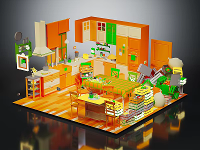 Cartoon Kitchen Scene with Orange and Green Cabinets Island Dining Table Chairs and Kitchen Utensils 3d model
