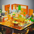 Cartoon Kitchen Scene with Orange and Green Cabinets Island Dining Table Chairs and Kitchen Utensils