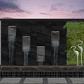 Garden Feature With Black Wall Waterfalls Greenery Wall And White Crane Sculptures Under Sunset Sky