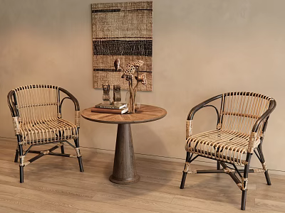 Wicker Lounge Chairs With Round Wooden Table In Cozy Indoor Space Featuring Textured Wall Art 3d model