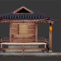 Cartoon Traditional Wooden Pavilion Scene With Curved Tile Roof Red Lanterns And Stone Base