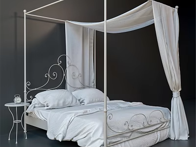 Elegant White Four Poster Double Bed With Iron Scroll Design Canopy Curtains And Side Table 3d model