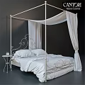Elegant White Four Poster Double Bed With Iron Scroll Design Canopy Curtains And Side Table
