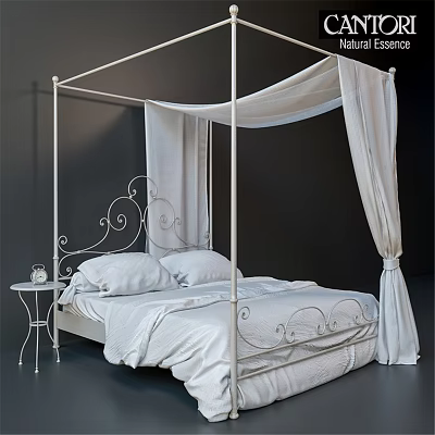 Elegant White Four Poster Double Bed With Iron Scroll Design Canopy Curtains And Side Table 3d model