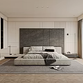 Modern Minimalist Bedroom Interior Design With Grey Textured Headboard Wall And Floor To Ceiling Windows