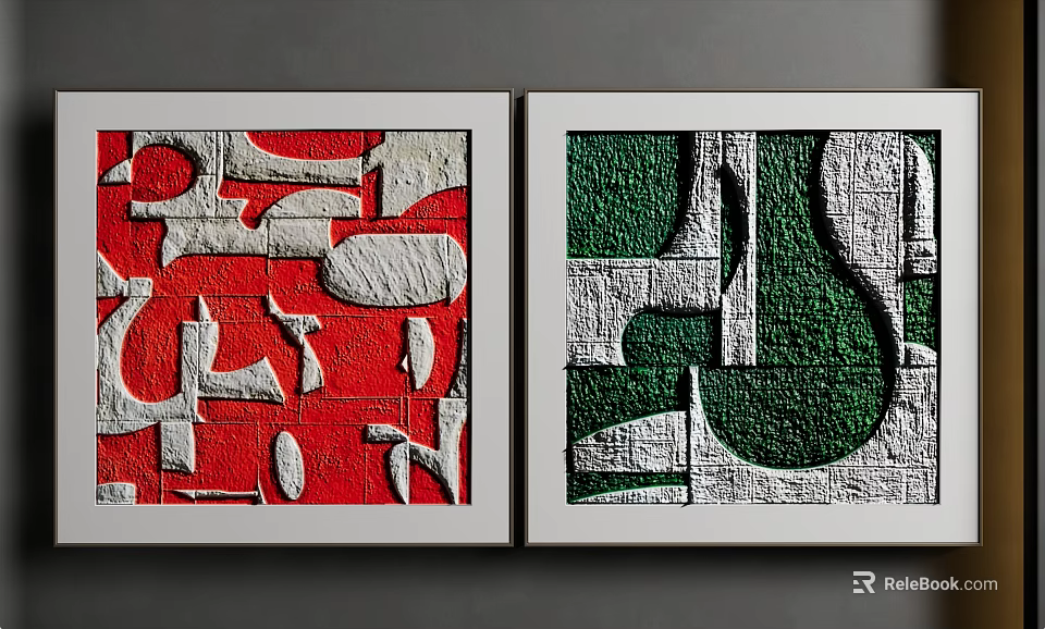 Two Abstract Paintings With Red White Green Geometric Patterns In White Frames On Grey Wall 3d model