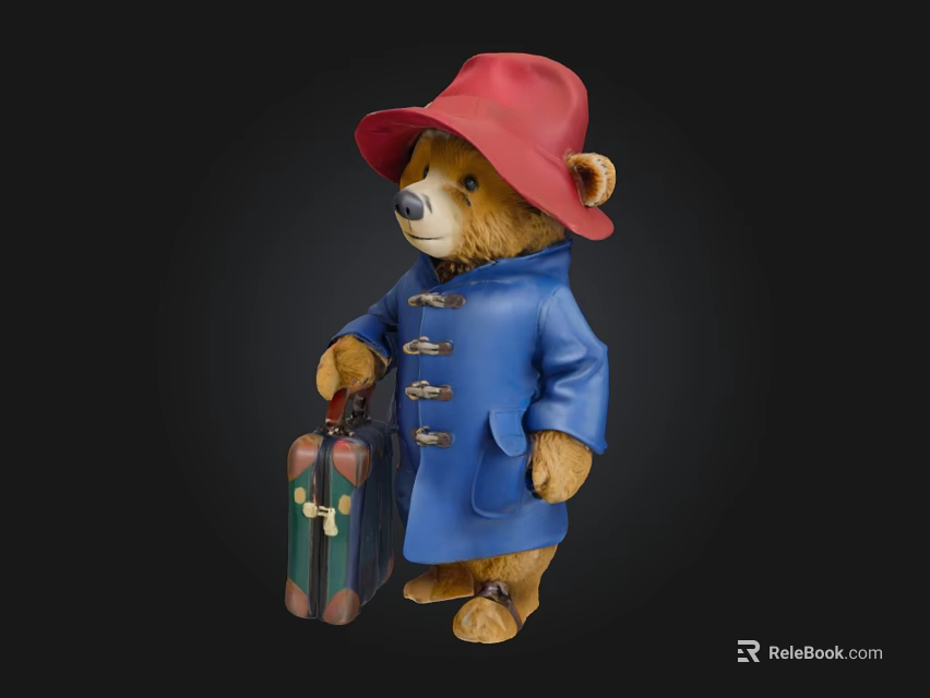 Paddington Bear Character Wearing Red Hat Blue Coat Holding Suitcase 3d model 