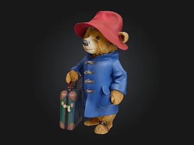 Paddington Bear Character Wearing Red Hat Blue Coat Holding Suitcase 3d model