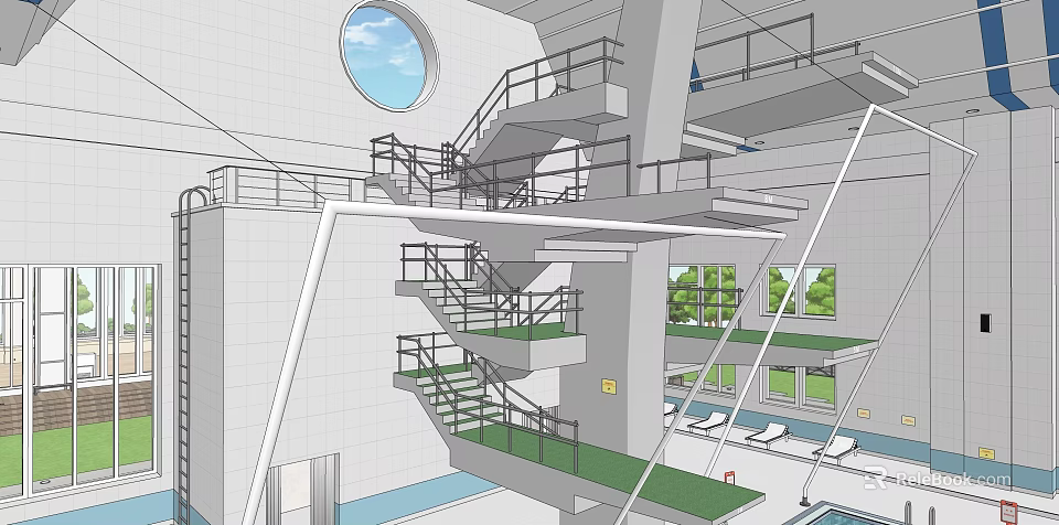 Contemporary Sports Fitness Swimming Pool With Round Window And Multi Level Diving Platforms 3d model 