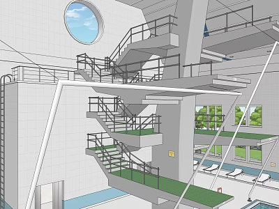 Contemporary Sports Fitness Swimming Pool With Round Window And Multi Level Diving Platforms 3d model