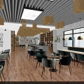 Modern Café Interior With Wooden Ceiling Pendant Lights Green Plants And Cozy Tables