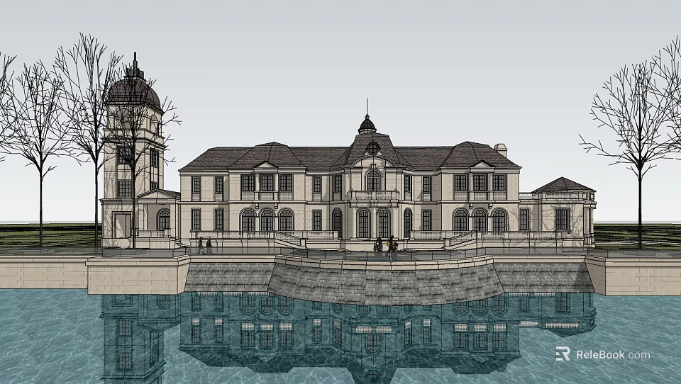 Elegant European-style Architecture with Domed Roof Water Reflection and Stone Platform 3d model 