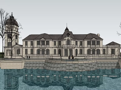 Elegant European-style Architecture with Domed Roof Water Reflection and Stone Platform 3d model
