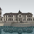 Elegant European-style Architecture with Domed Roof Water Reflection and Stone Platform