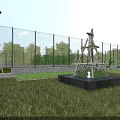 Garden Landscape Design With Green Lawn Metal Fence Trees Plant Bed And Decorative Structure