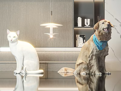 White Cat And Golden Retriever In Blue Scarf On Smooth Modern Countertop With Pendant Light 3d model