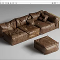 Vintage Brown Leather Multi Seater Sofa With Ottoman And Decorative Cushions