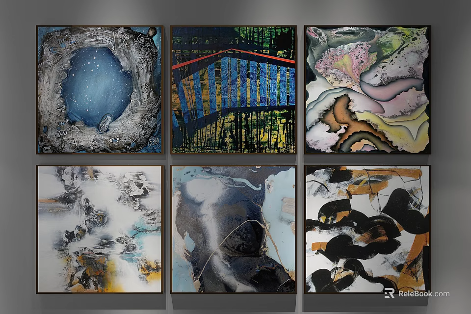 Abstract Paintings Collection With Diverse Artistic Styles Displayed on Wall 3d model 