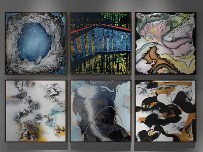 Abstract Paintings Collection With Diverse Artistic Styles Displayed on Wall 3d model