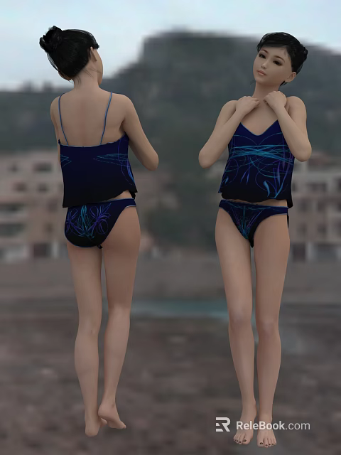 Woman in Dark Blue Bikini With Blue Line Patterns Front Back Views by Waterfront Buildings 3d model 