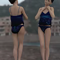Woman in Dark Blue Bikini With Blue Line Patterns Front Back Views by Waterfront Buildings