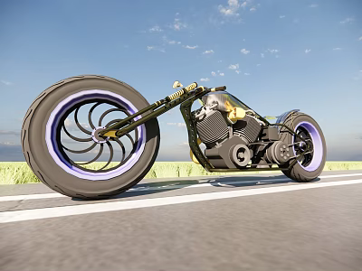 Custom Motorcycle with Large Wheels Purple Rims Metallic Body Under Blue Sky On Road 3d model