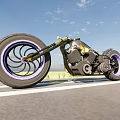 Custom Motorcycle with Large Wheels Purple Rims Metallic Body Under Blue Sky On Road