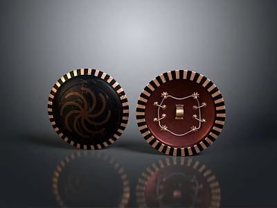 Decorative Circular Shield With Black And Red Colors Golden Stripes On Edges And Symmetrical Design 3d model