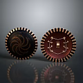 Decorative Circular Shield With Black And Red Colors Golden Stripes On Edges And Symmetrical Design