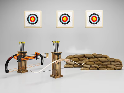 Indoor Archery Range with Three Targets Bows Arrows and Sandbags Setup 3d model