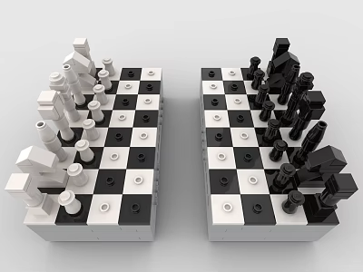 Building Blocks Chess Pieces Arranged On Black And White Checkerboard Setup 3d model