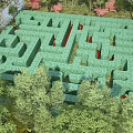 Fun Outdoor Playground With Green Maze And Red Paths Surrounded By Trees