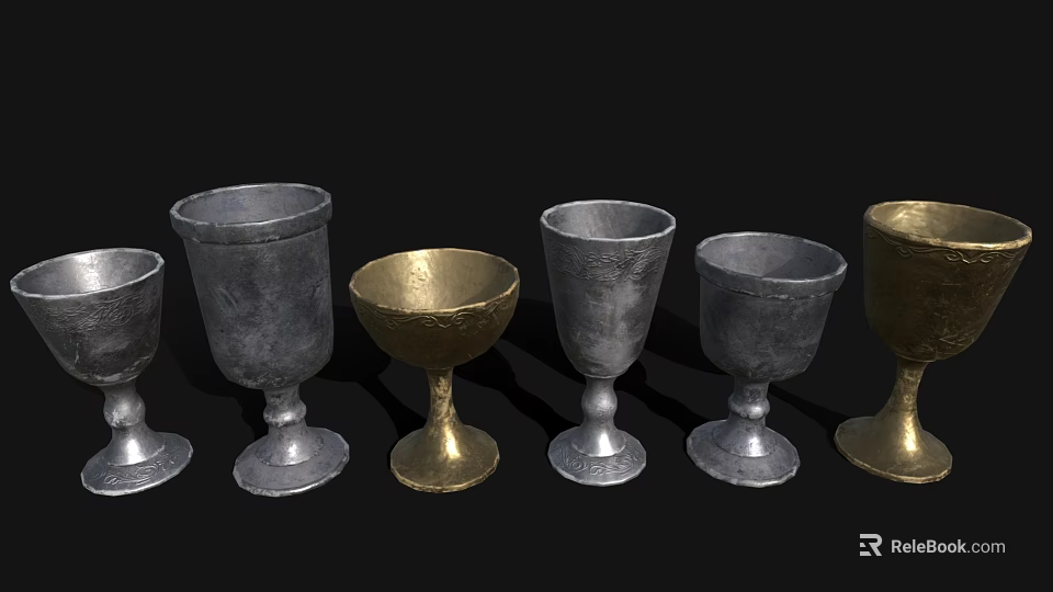 Luxury Silver and Gold Wine Bottles and Glasses with Different Shapes on Black Background 3d model 